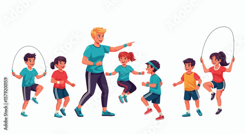 Cartoon illustration of a female instructor leading a group of children in a jumping rope exercise.