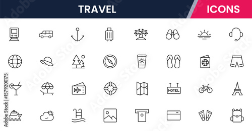 Vector illustration web line icon collection for travel airplanes, suitcases, maps, and adventure symbols in a vibrant, modern, and exploratory design style.