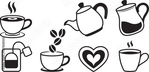 Coffee & Dessert Icons: Brewing Pot, Beans, Cup, and Sweet Treats