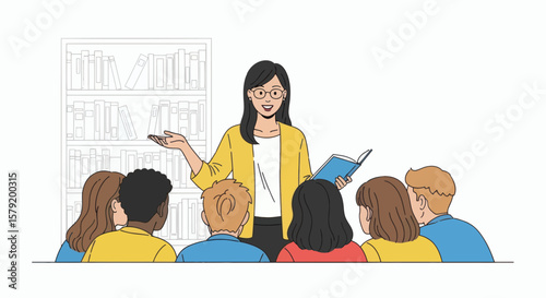 Teacher enthusiastically leads a diverse group of students in a classroom discussion, using a book and remote.