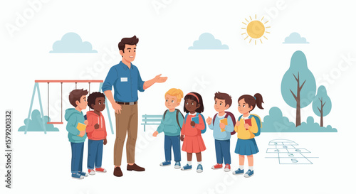 Teacher leads diverse group of schoolchildren on a park excursion, engaging in outdoor learning.