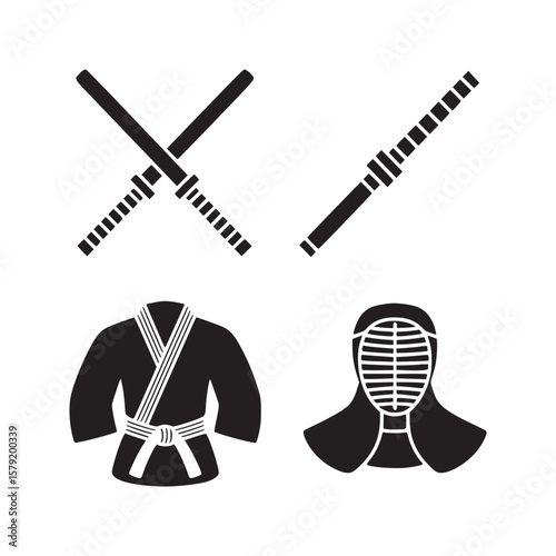 A set of kendo equipment icons featuring crossed shinai, single shinai, gi, and kendo mask on white