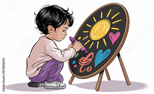 Child Drawing on Chalkboard