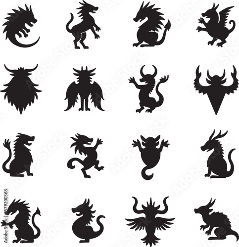 diverse black silhouette mythical dragon creatures displayed in a grid against a white background