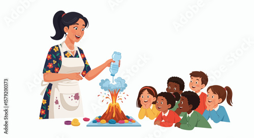 Teacher conducts a captivating volcano science experiment with enthusiastic elementary school children.