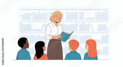 Teacher reading a book to attentive elementary school children in a library setting.