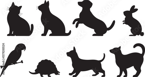 Domestic Pets Icons: Cat and Dog Silhouettes for Animal Themes