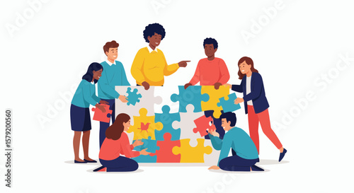 A diverse group of people collaborating to assemble a colorful jigsaw puzzle, symbolizing teamwork and problem-solving.