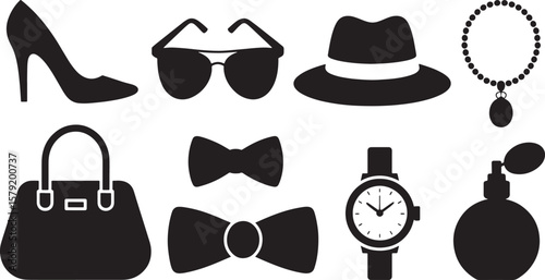 Fashion & Accessories Icons: Sunglasses, Hat, Bow Tie, Watch, Moustache