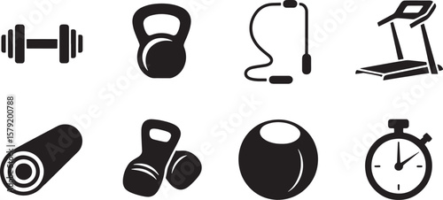 Fitness & Workout Equipment Icons: Kettlebell, Jump Rope, Dumbbell