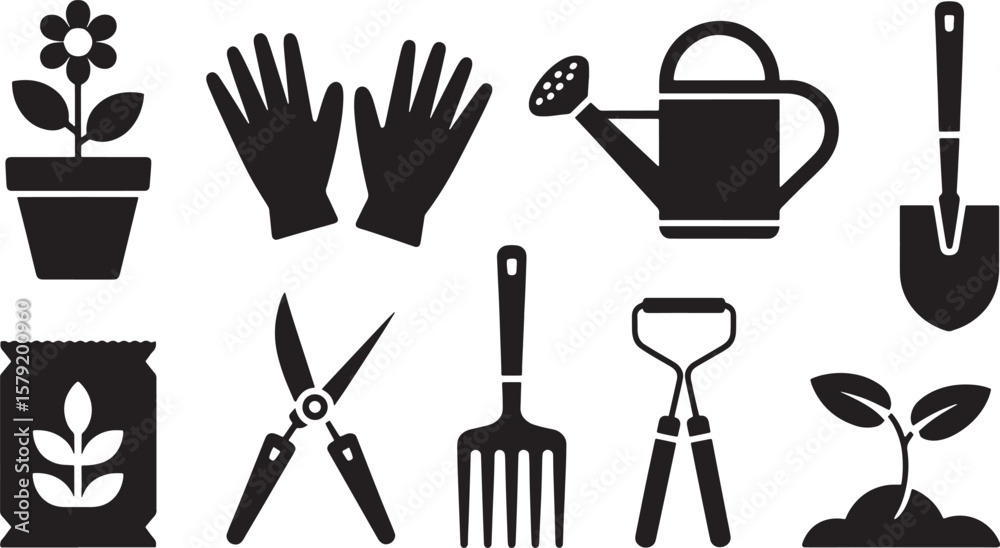 Fototapeta premium Essential Gardening Tools & Equipment Icons for Outdoor Work