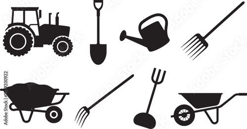 Farm & Garden Implements Icons: Shovel, Watering Can, Rake, Pitchfork