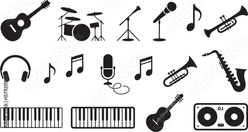 Band & Music Production Icons: Drums, Mics, Notes, Guitar, Instruments
