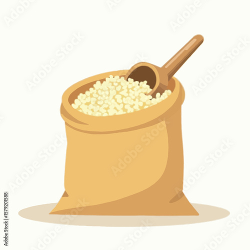 Beige burlap sack filled with small, light-colored grains, topped with a wooden scoop.