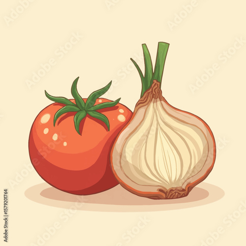 A cartoon illustration of a whole tomato and a sliced onion, displayed against a pale background.