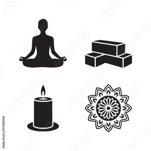 A collection of black and white yoga and meditation themed icons in a simple graphic layout