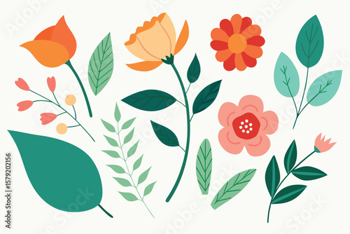  Botanic set of leaves and flower vector illustration.