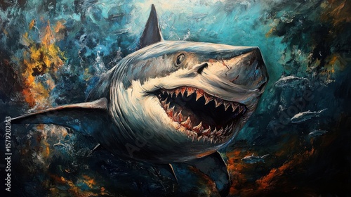 Spectacular Great White Shark Depiction with Open Jaws in Aquatic Habitat