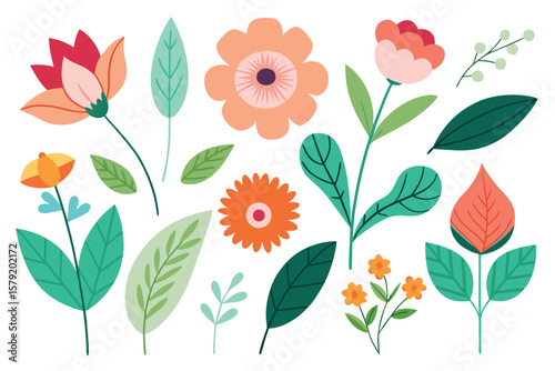  Botanic set of leaves and flower vector illustration.