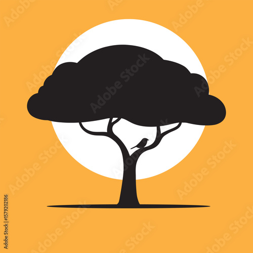 Stylized illustration of a solitary tree with a broad canopy on a patterned background vector design