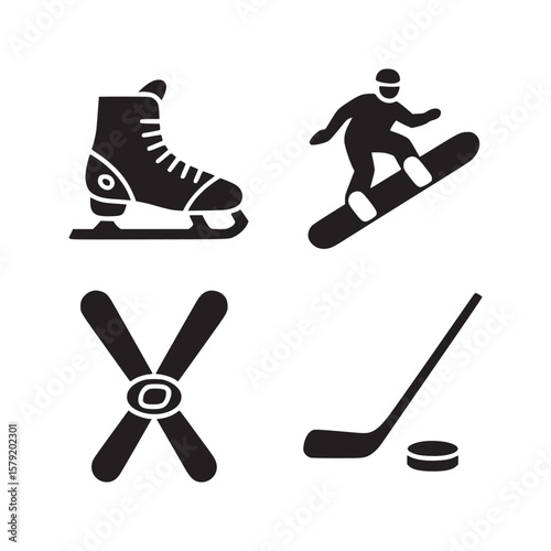 A collection of winter sports equipment including ice skates snowboard skis and hockey gear in black