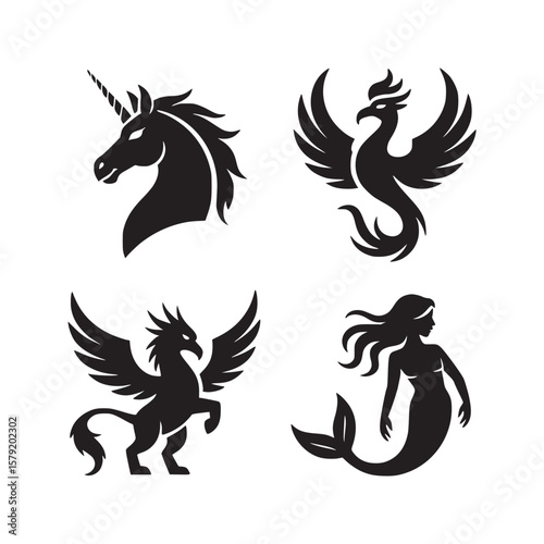 Four mythical creatures in black silhouette unicorn phoenix griffin and mermaid on white background