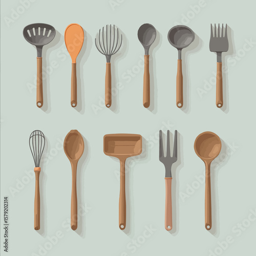 A collection of twelve kitchen utensils with wooden handles, showcasing various cooking tools.