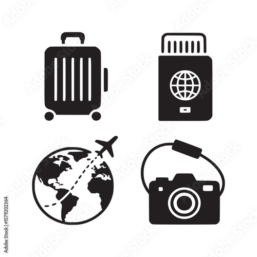 A set of travel icons depicting a suitcase passport globe with plane and camera in black and white style