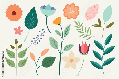  Botanic set of leaves and flower vector illustration.