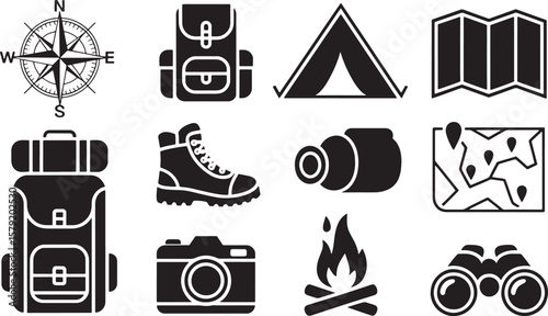 Outdoor Adventure & Camping Essentials: Backpack, Tent, Boots, Campfire