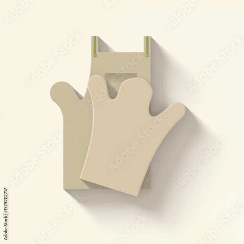 Beige apron and oven mitt icon, simple design, flat style, shadow effect.