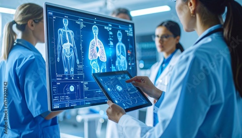 Diverse medical team using AI and advanced imaging technology to analyze patient scans, highlighting innovation, precision diagnostics, and the future of healthcare.