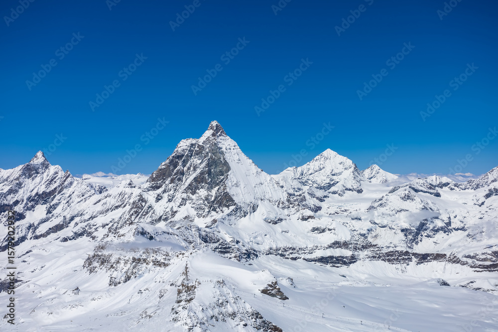 Obraz premium Matterhorn Mountain epic aerial view with white snow,Switzerland