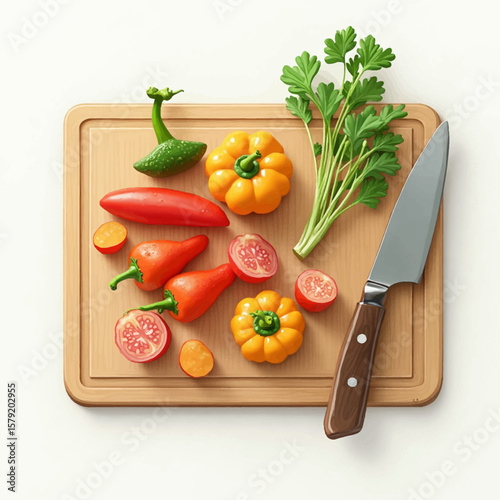 Vibrant vegetables and a knife arranged on a light wooden cutting board.