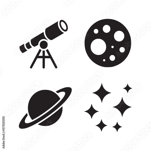 A collection of astronomy icons featuring a telescope moon saturn and a cluster of stars in black