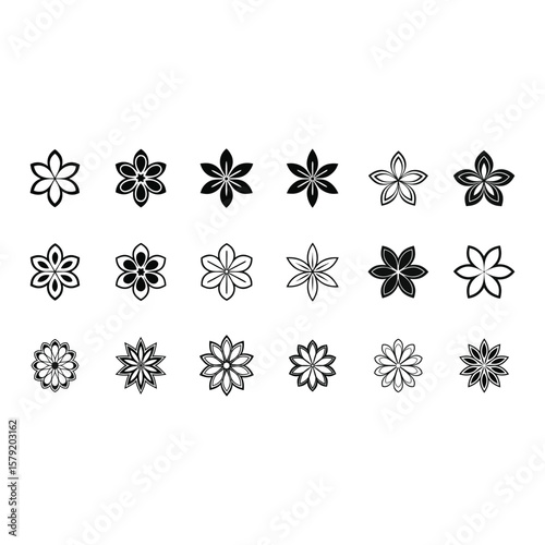 Black flower vector set feature abstract floral design silhouettes, and geometric patterns. Ideal for decoration, logos, and design projects. Includes minimalist botanical elements for creative iillus