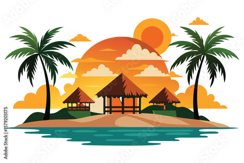 Island sunset with tiki huts