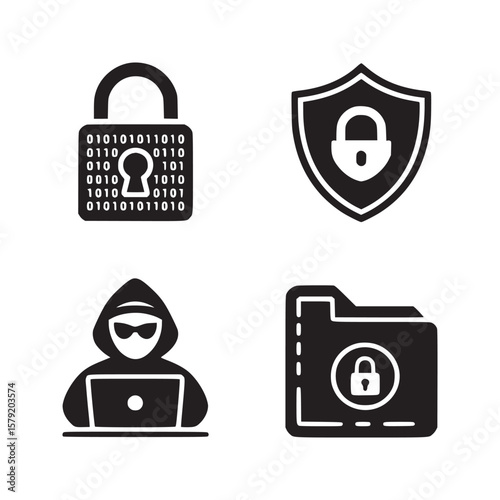 Four black and white cybersecurity icons depicting a padlock, shield, hacker, and locked folder