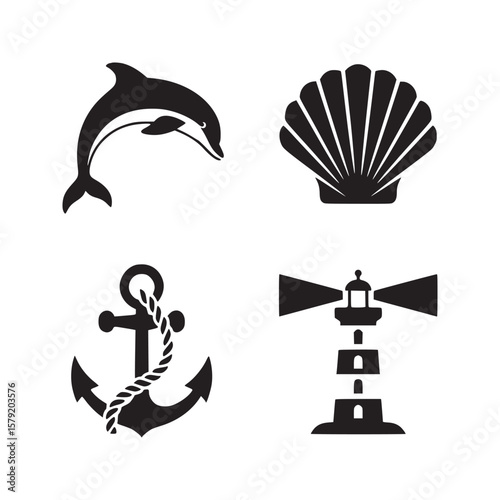 Four nautical themed icons featuring a dolphin seashell anchor and lighthouse in black and white style