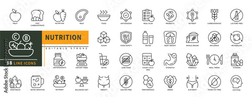 Minimalist Nutrition line icons set with editable stroke, featuring fruit, fast carbohidrate, meat, vegetables, food, water, sugar, detox, junk food, water, minerals, green. thin linear illustration.