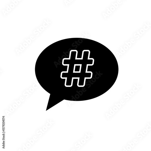 Hash Tag Conversation: A simple black and white graphic featuring a hash tag symbol inside a speech bubble, perfect for concepts of social media communication.