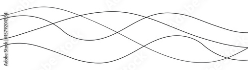 Curved black long lines on white, Thin line wavy background. Wavy line horizontal divider outline minimalist background. Abstract black lines wave curve motion on white,