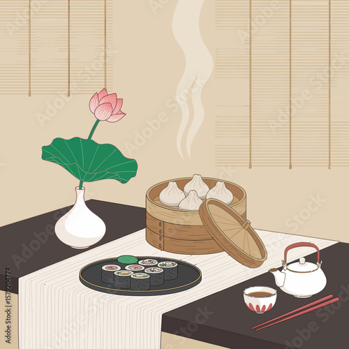 Chinese Tea and Food Set Illustration