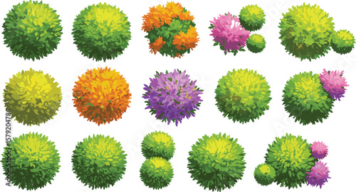 
Set of colorful round bushes, green and floral shrubs, decorative garden plants, cartoon vector top view foliage for landscaping design