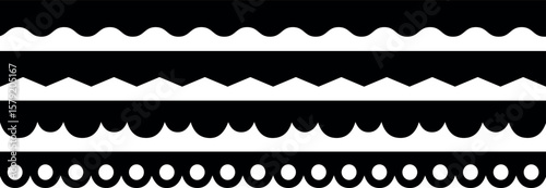Scalloped edge seamless set. borders and dividers. Simple scalloped border. ornament border, Texture ribbons. Vector illustration isolated on white background. 