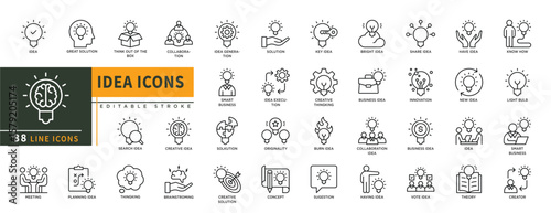 Minimalist Idea line icons set with editable stroke, featuring great solution, collaboration, idea generation, solution, key idea, originality, burn, sugestion, concept. thin linear illustration.