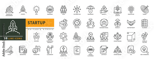 Minimalist Startup line icons set with editable stroke, featuring lounch, idea, btranding, team, distribution, insurance, growth, business profit, leadership, planning, tax. thin linear illustration.
