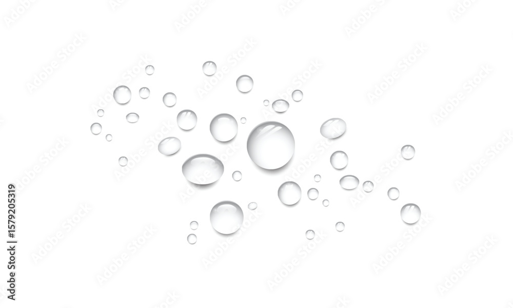 Transparent water drops on isolated background realistic liquid water drop top view condensation effect fresh cool wet spray bubble splash surface pattern clean water-drop