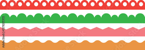 Scalloped edge seamless set. borders and dividers. Simple scalloped border. ornament border, Texture ribbons. Vector illustration isolated on white background. 