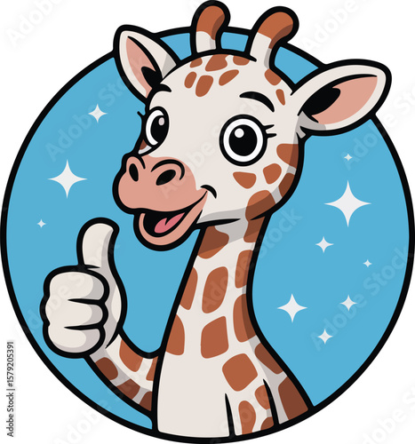 Smiling giraffe making thumbs up sign on a blue and circle shape Transparent isolated png vector